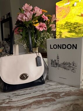 Coach Pebbled Leather Turnlock Satchel Tri Color Black  Cream Gray Shoulder Bag